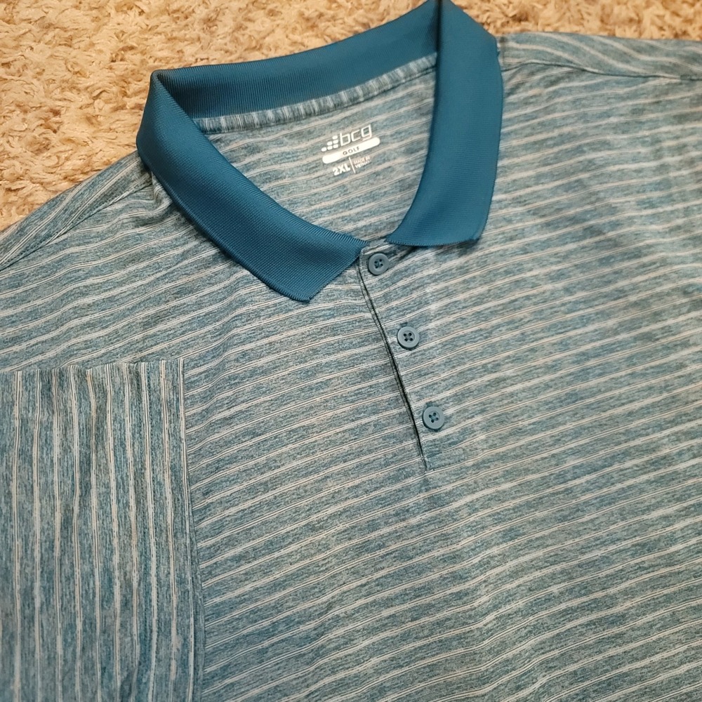 BCG Golf‎ Polo Mens 2XL Teal Blue Striped Short Sleeve Performance Shirt